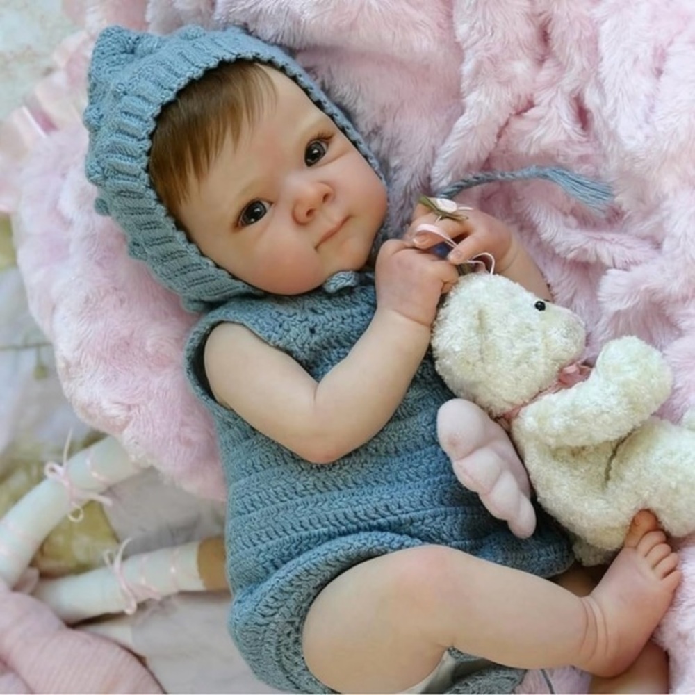 Adorable Baby Girl With Blue Knit Baby Romper with Hood
